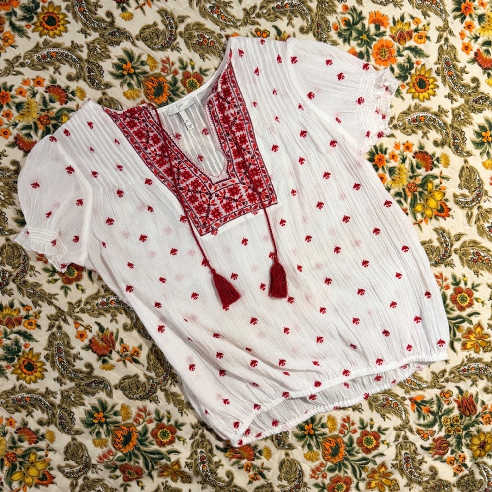 Joie White Red Embroidered 100% Cotton Gauze Peasant Blouse - XS